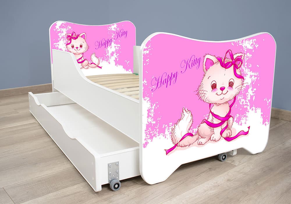 Dečiji krevet sa dušekom, letvicama i fiokom 140x70 cm Happy kitty