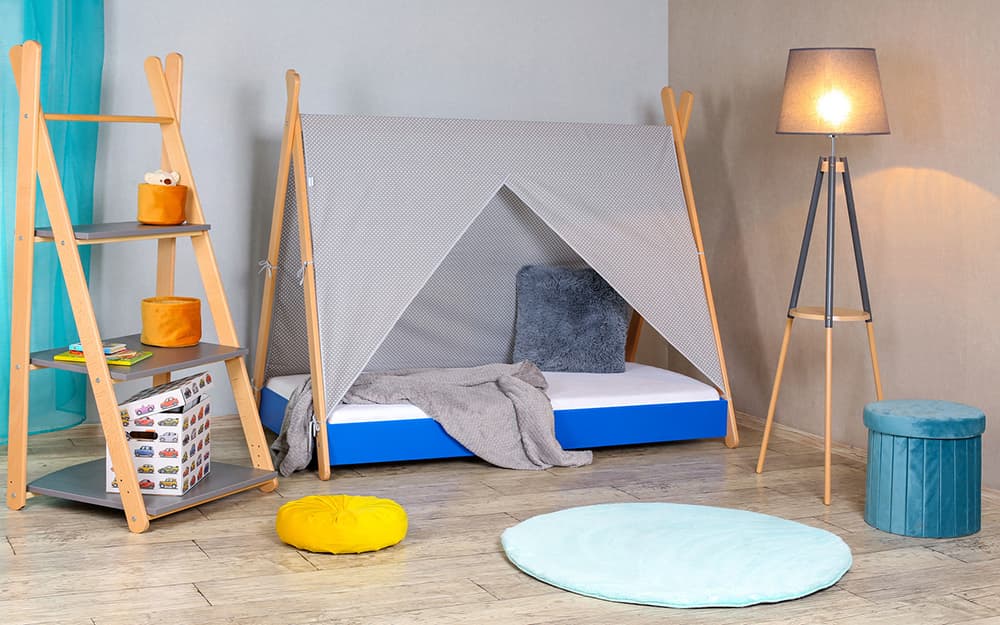 Krevet sa nastrešnicom, dušekom i letvicama 160x80 Tipi, plavi 7794