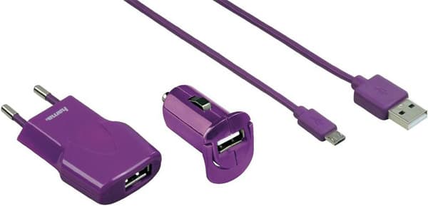 Set USB punjača - kućni i auto punjač sa microUSB kablom Picco ljubičasti Hama 102008