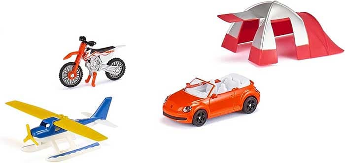 SIKU Automobilčići za decu Set vozila - VW buba kabriolet motocikl sportski avion i šator za kampovanje 6325S