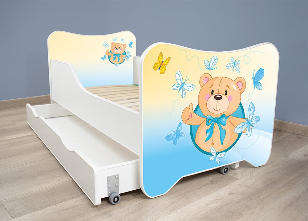 Dečiji krevet sa dušekom, letvicama i fiokom happy kitty Small teddy 160x80 cm 