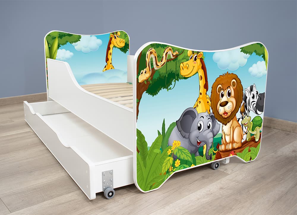 Dečiji krevet sa dušekom, letvicama i fiokom happy kitty Africa 160x80 cm